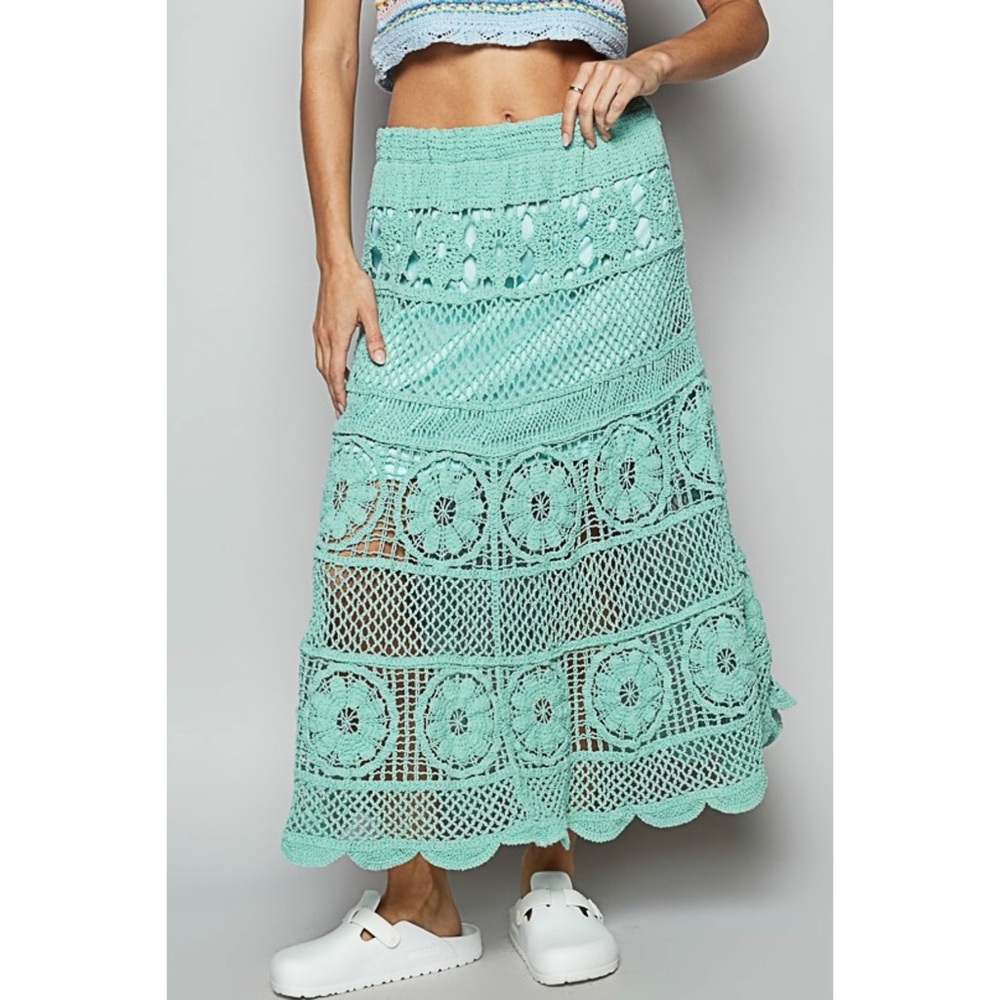 POL Teal Crochet Midi Skirt | Elastic Waist Pull On Flowy - Picture 3 of 9